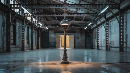 Industrial Interior  A Single Lamp Illuminates Vast Empty Space