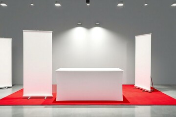 Empty trade show booth with roll up banners and red carpet