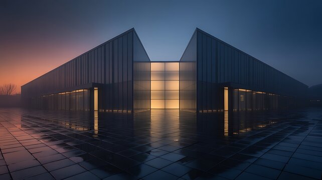 Modern Architecture Sleek Building Design at Dawn, Reflective Symmetry