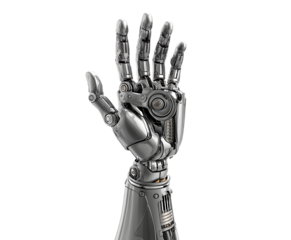 3D render of a robot hand making a waving gesture isolated on a transparent background