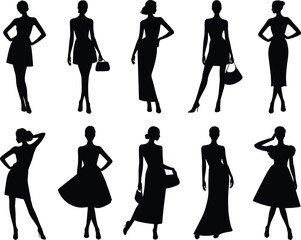 Fashion model woman silhouettes in elegant dress pose, stylish clothing, beauty concept, female figure, vector illustration, black design