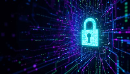 Cyber Security Digital Padlock on Abstract Circuit Board Background