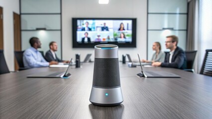 Remote team workflow boosts efficiency. Conference room featuring a video call setup with a smart speaker at the center.