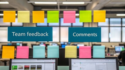 Remote team workflow boosts efficiency. Workstation with colorful sticky notes for team feedback and comments displayed on a collaborative board.
