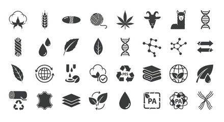 Collection of various material and textile source icons in monochrome