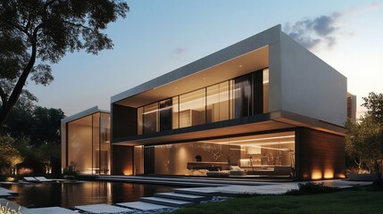 Contemporary waterfront residence basking in the soft twilight glow