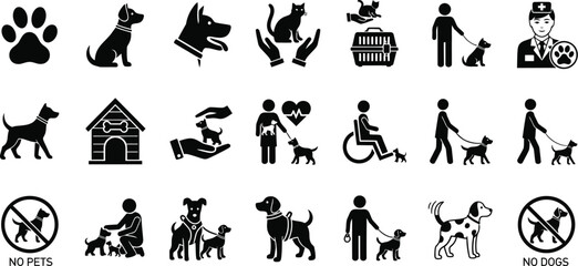 Collection of black and white pet related vector icons and symbols