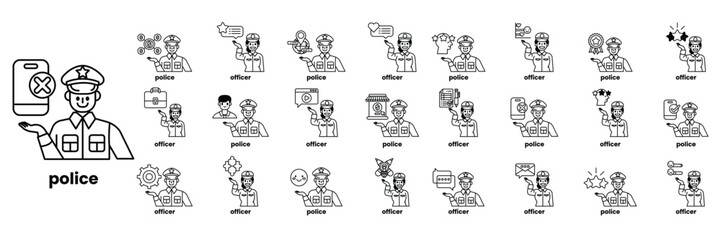 A collection of cartoon characters, including a police officer, a doctor
