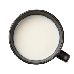 A top-down view of a black cup filled with creamy milk, set against a plain background