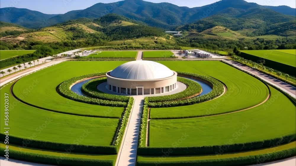 Poster a modern building with a circular dome surrounded by green fields and hills in the background.