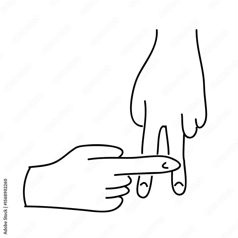 Poster illustration showing a hand pointing at the index and middle fingers of another hand in black and wh