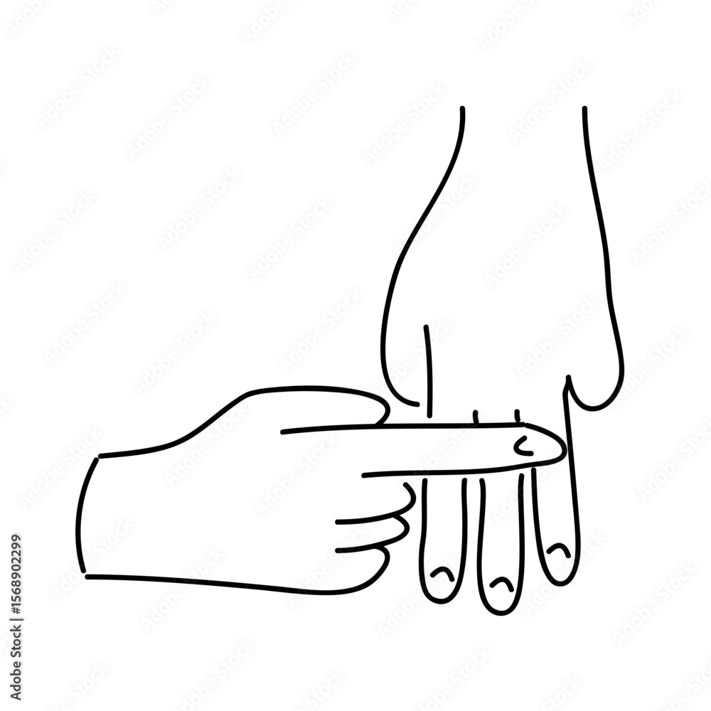 Poster illustration of two hands interacting with one pointing at the other hand in a simple line drawing s
