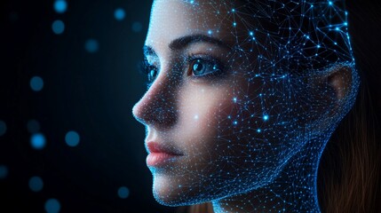Futuristic Woman with Digital Network on Face, Artificial Intelligence Concept