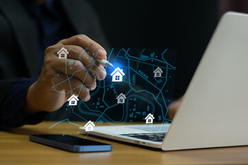 Digital property search on futuristic map interface – real estate technology and PropTech concept