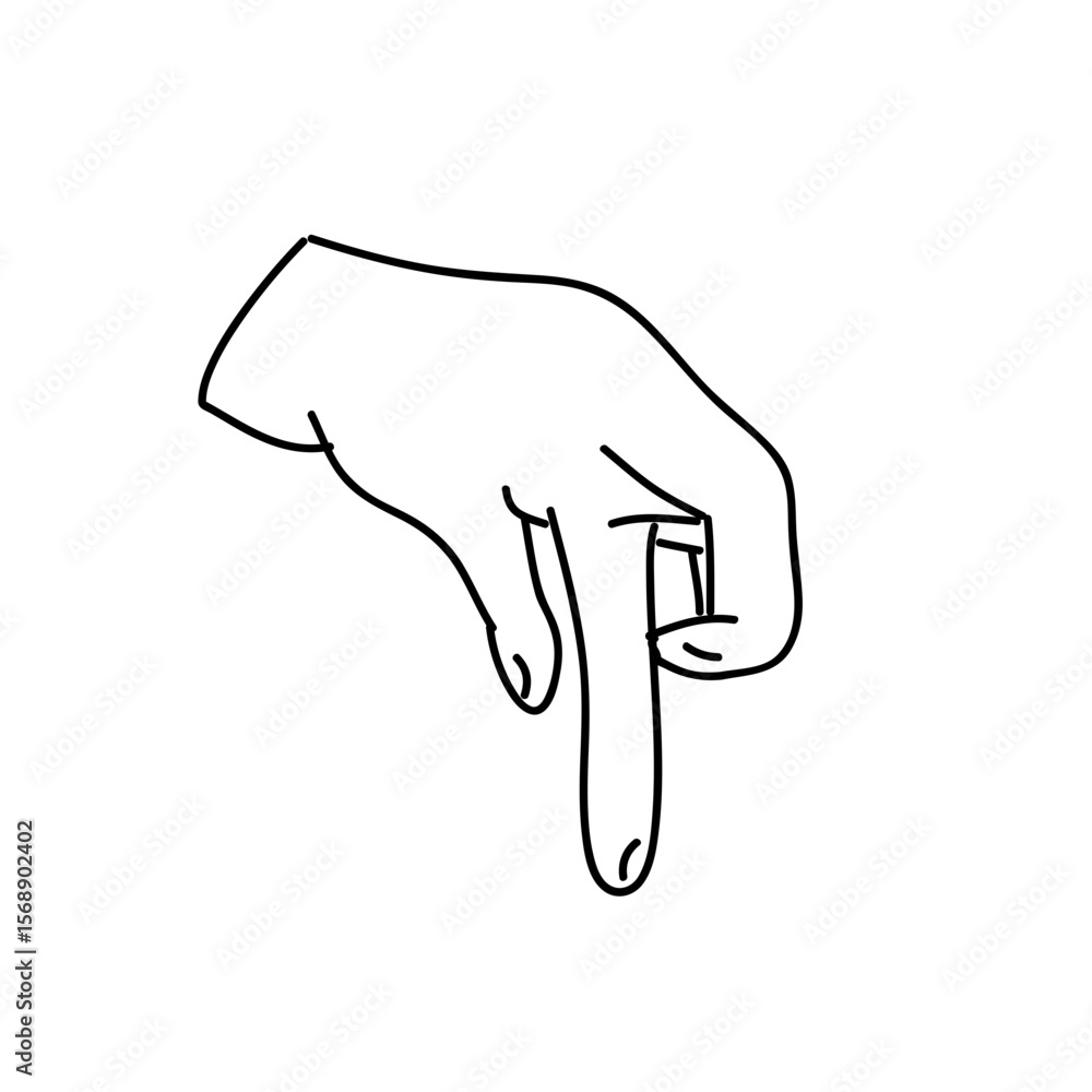 Poster hand drawn illustration of a hand pointing down with index finger in a simple black outline style