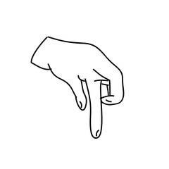 Hand drawn illustration of a hand pointing down with index finger in a simple black outline style