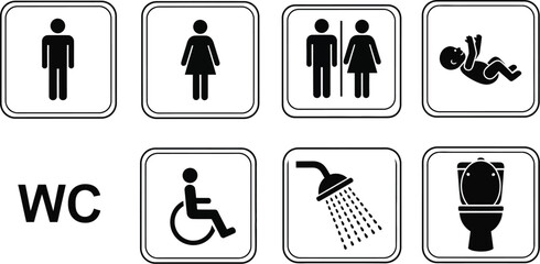 Various restroom signs including men women baby shower and handicap wc