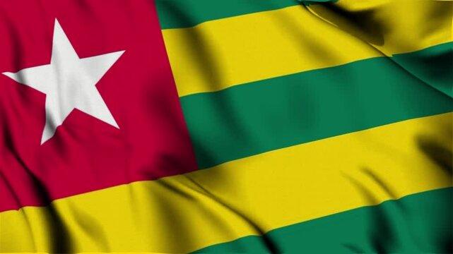 3D animation of the national flag of Togo waving in slow motion. Close-up view with realistic fabric texture in 4K resolution. Ideal for Independence Day, patriotic videos, and national celebrations.