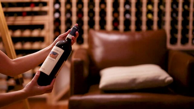 Examining a Wine Bottle in a Cellar