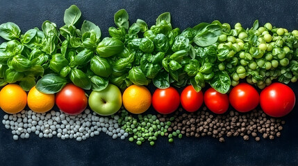 Vibrant array of fresh produce: basil, tomatoes, oranges, apple,