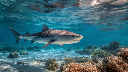 Fototapeta premium Tiger Shark with Distinctive Stripes in Coral Reef Waters
