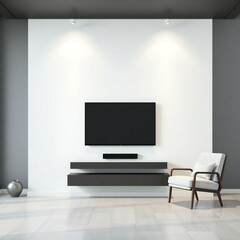 Modern living room with minimalist decor and a comfortable armchair