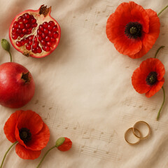 Romantic wedding scene with golden rings, vibrant red poppy flowers, and fresh pomegranate fruits on a rustic background. Invitations, celebration cards. Floral wedding designs. Copy space.