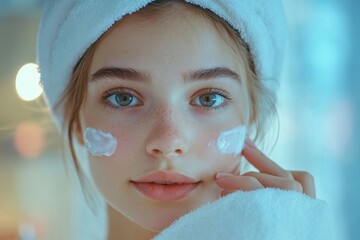 Wellness care concept, young woman looking at the mirror and applying facial skin care cream on her face, Generative AI