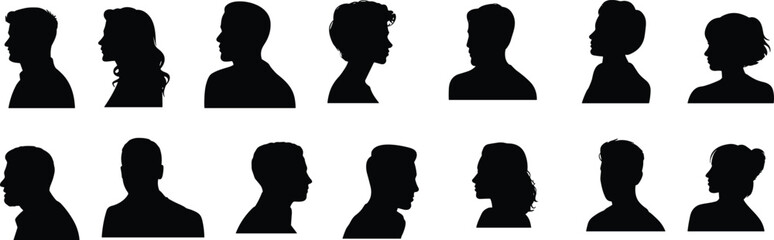 Profile silhouette of male and female faces in side view, black vector illustration, avatar head icons, diverse people template