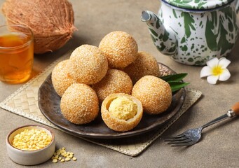 Onde-onde or sesame balls are a type of market snack cake that is famous in Indonesia. Sesame balls are easy to find in traditional markets or sold at street vendors