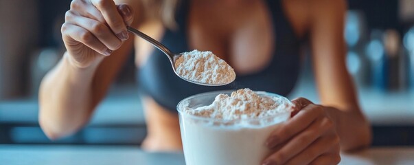 Close-up spoon during young sporty woman pouring protein powder into a cup for a meal replacement after a workout, supporting fitness goals, Generative AI