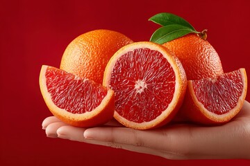Hand holding fresh blood oranges and slices against a vibrant red background