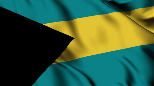 3D animation of the national flag of The Bahamas waving in slow motion. Close-up view with realistic fabric texture in 4K resolution. Ideal for Independence Day, patriotic videos.