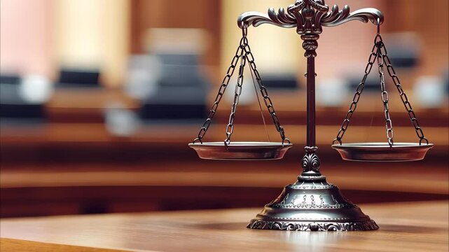 A close-up of a traditional balance scale, often associated with justice and law, set in a courtroom background.