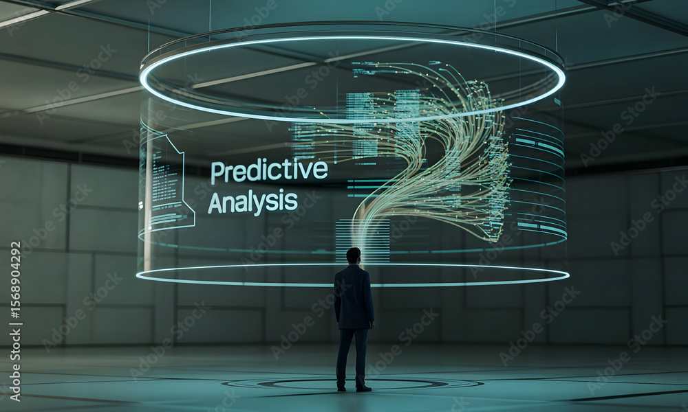 Poster man analyzes predictive data visualizations within a futuristic office environment, data flowing, co