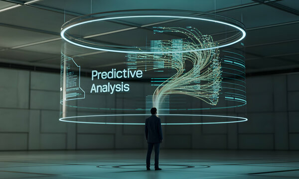 Man analyzes predictive data visualizations within a futuristic office environment, data flowing, concept of technology