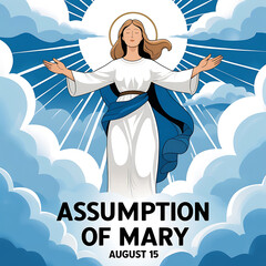 Virgin Mary Assumption Day illustration white blue robe clouds