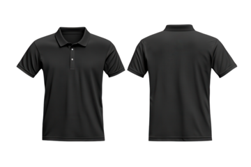 Mockup of blank black polo T-shirt showcasing front and back views suitable for design and branding purposes with transparent background