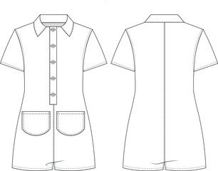 with pockets short sleeve collared buttoned slouchyloose fit short jumpsuit overall romper jean denim  template technical drawing flat sketch cad mockup fashion woman design style model 
