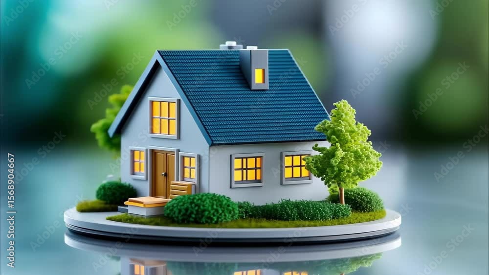 Poster a miniature model of a house surrounded by trees and shrubs, set on a circular base.