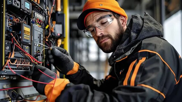 A technician working on electrical equipment, wearing protective gear and focused on wiring connections.
