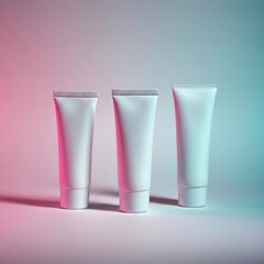 Three sleek white cosmetic tubes arranged in a triangle composition on a soft pastel gradient background, different angles (front, side, diagonal), minimal shadow, no text or logo.