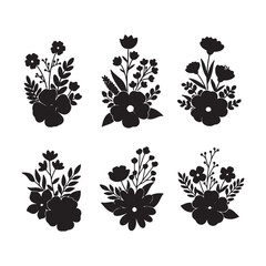 Six Black Silhouettes of Floral Bouquets Various Flowers Leaves Simple Black White Botanical Arrangements for Invitations Cards Wedding Stationary Design Elements
