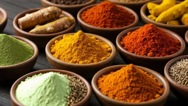 Colorful spices in bowls on a wooden table background