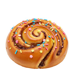 Colorful cinnamon roll with sprinkles on a plain background, perfect for dessert photography