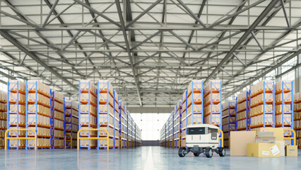 Autonomous delivery robot operates inside a modern warehouse filled with organized shelves of cardboard boxes- 3D rendering