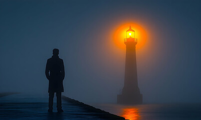Solitary figure by luminous lighthouse in dense fog at night