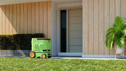 Smart delivery robot in front of modern wooden house- 3D rendering