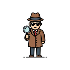 A cartoon detective in a brown coat and hat holds a magnifying glass, isolated on white background