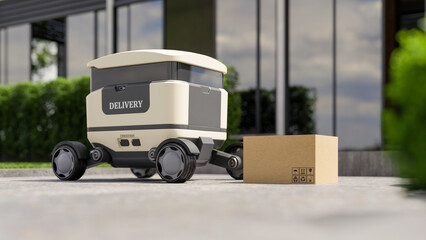 Autonomous delivery robot with package outside modern building- 3D rendering